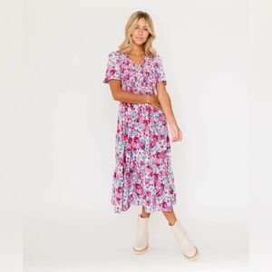 Fehrnvi Tayla Lavender Purple Pink Floral Smocked Short Sleeve Midi Dress Large